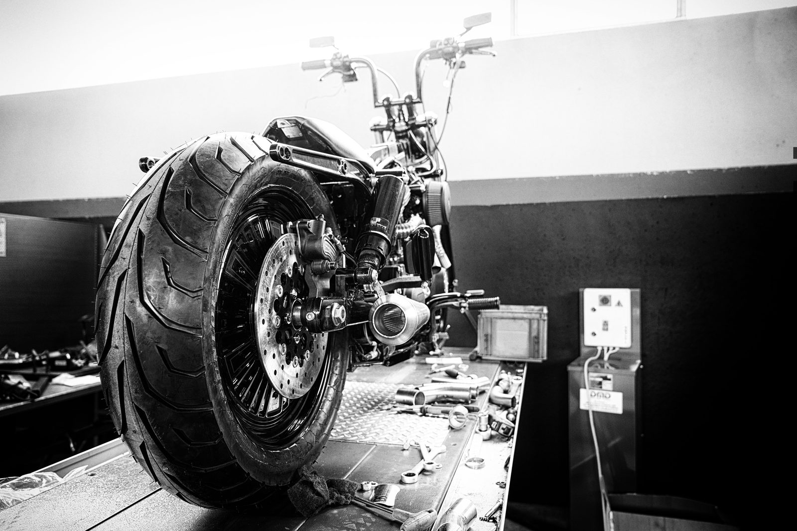 Exhaust Revolution — The bike on the lift.