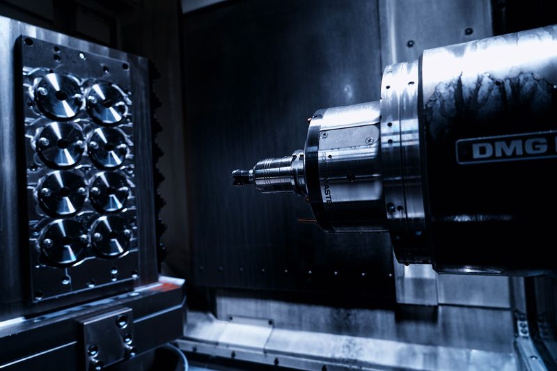 IAMETECH, the workshop — The spindle in front of a pallet of discs being machined.