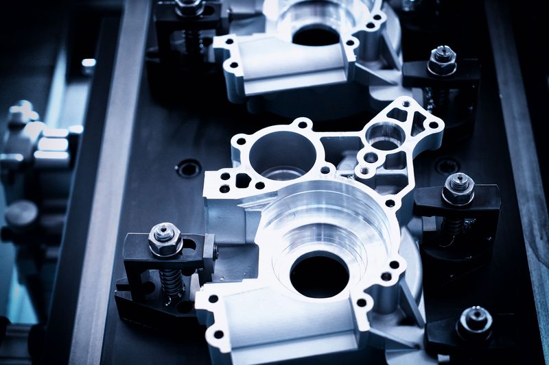 IAMETECH, the workshop — A freshly machined crankcase, in its fixtures.