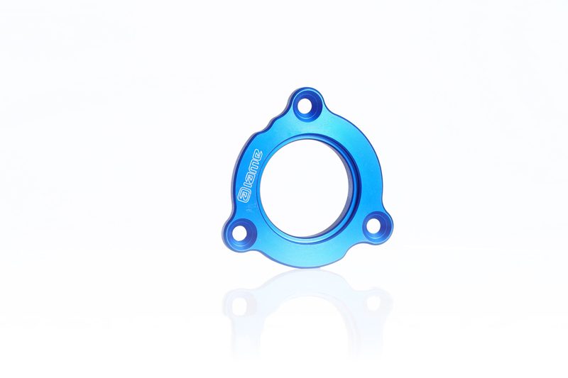 IAMETECH, product still life — A blue anodised flange.