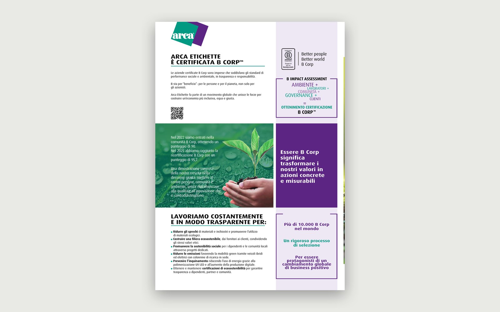 Arca Etichette — Sustainability leaflet — The panel devoted to the B Corp certification.