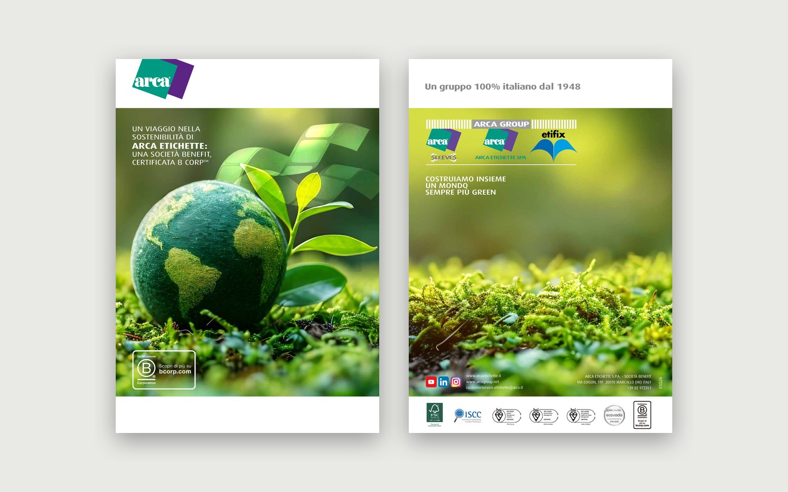 Arca Etichette — Sustainability leaflet — The front and back of the leaflet.
