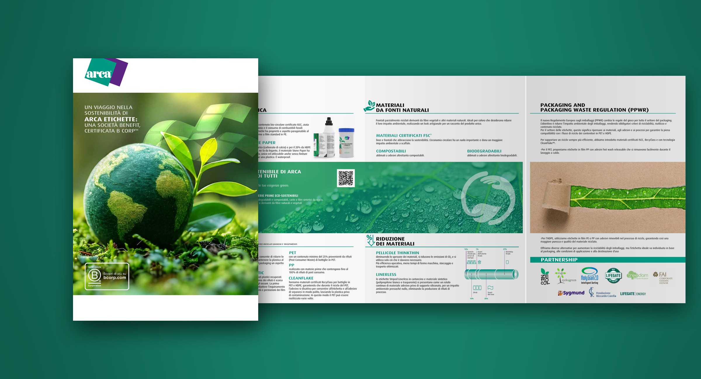 Arca Etichette — Sustainability leaflet — The Arca Etichette sustainability leaflet: cover and inside.