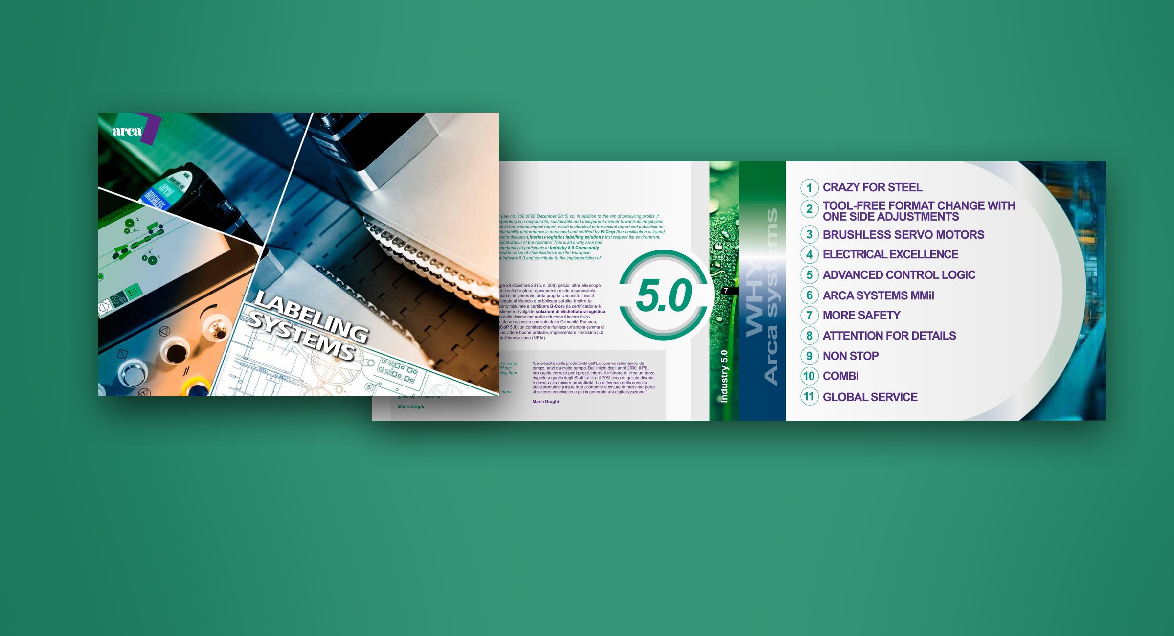 Arca Etichette — Monografia Labeling Systems — La monografia Labeling Systems: la copertina e la doppia pagina Why Arca Systems.