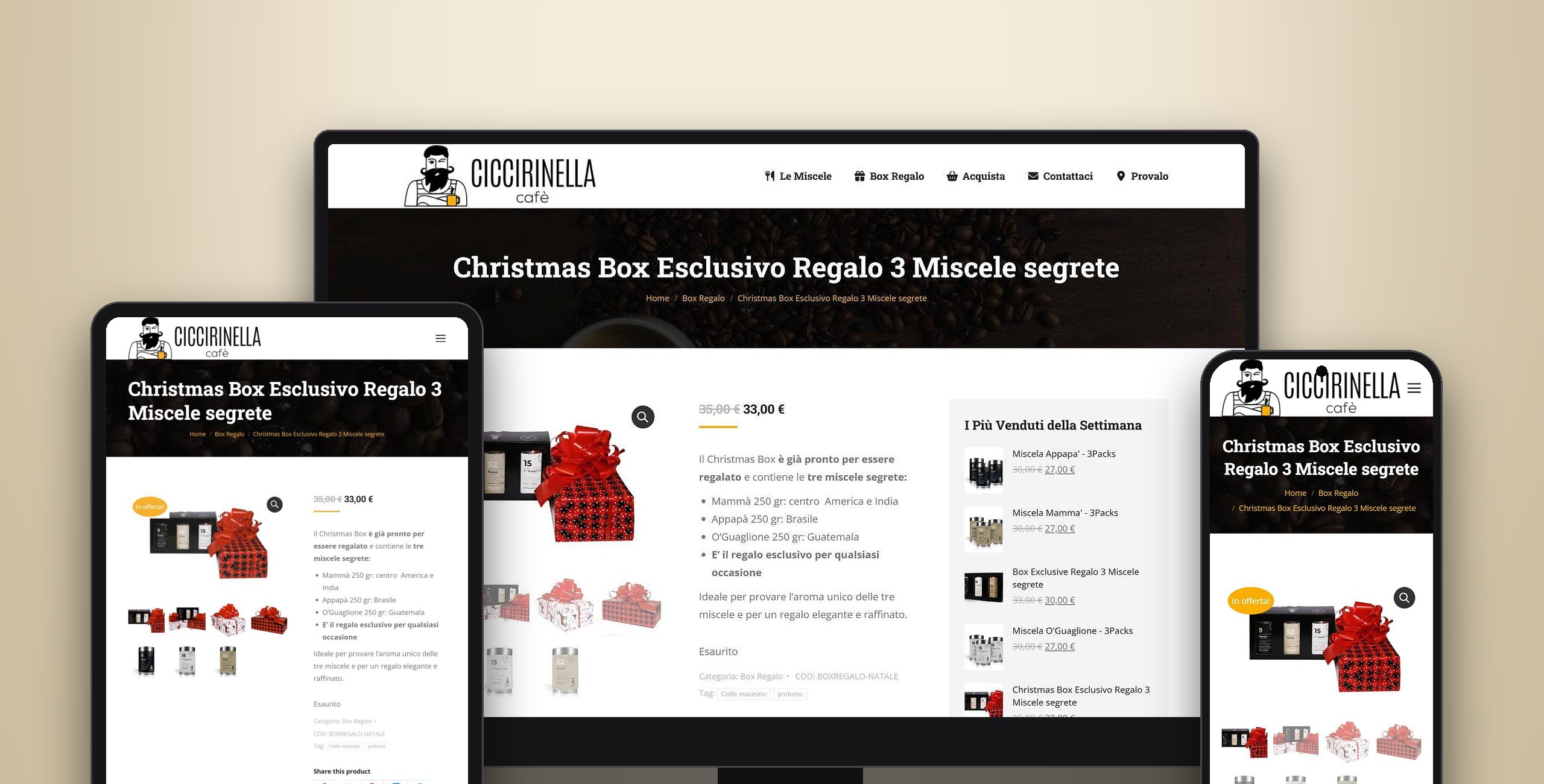 Ciccirinella Café — Le tre miscele in homepage, con le foto di prodotto di Unlead.
