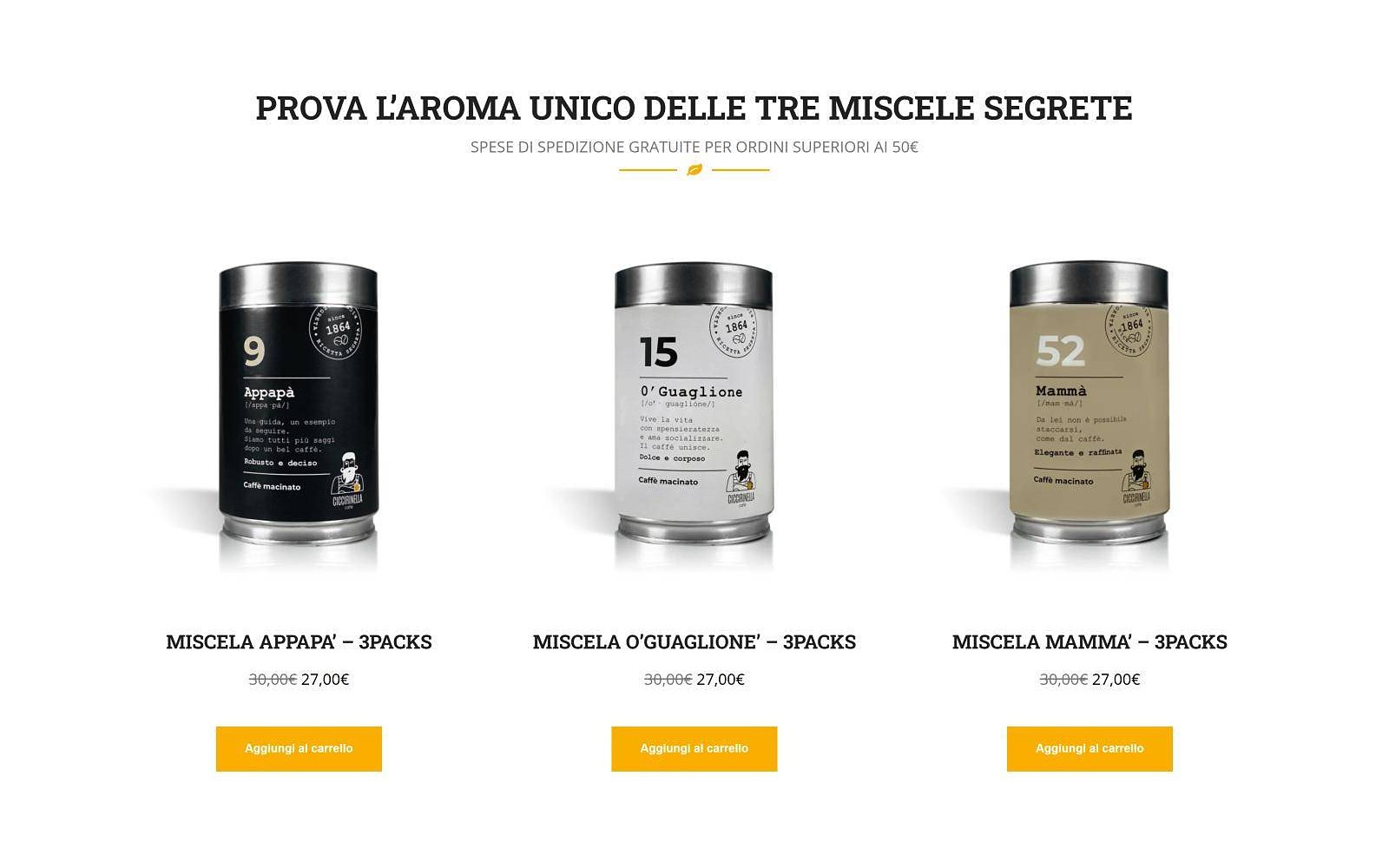 Ciccirinella Café — The three blends on the home page, with Unlead's product photos.