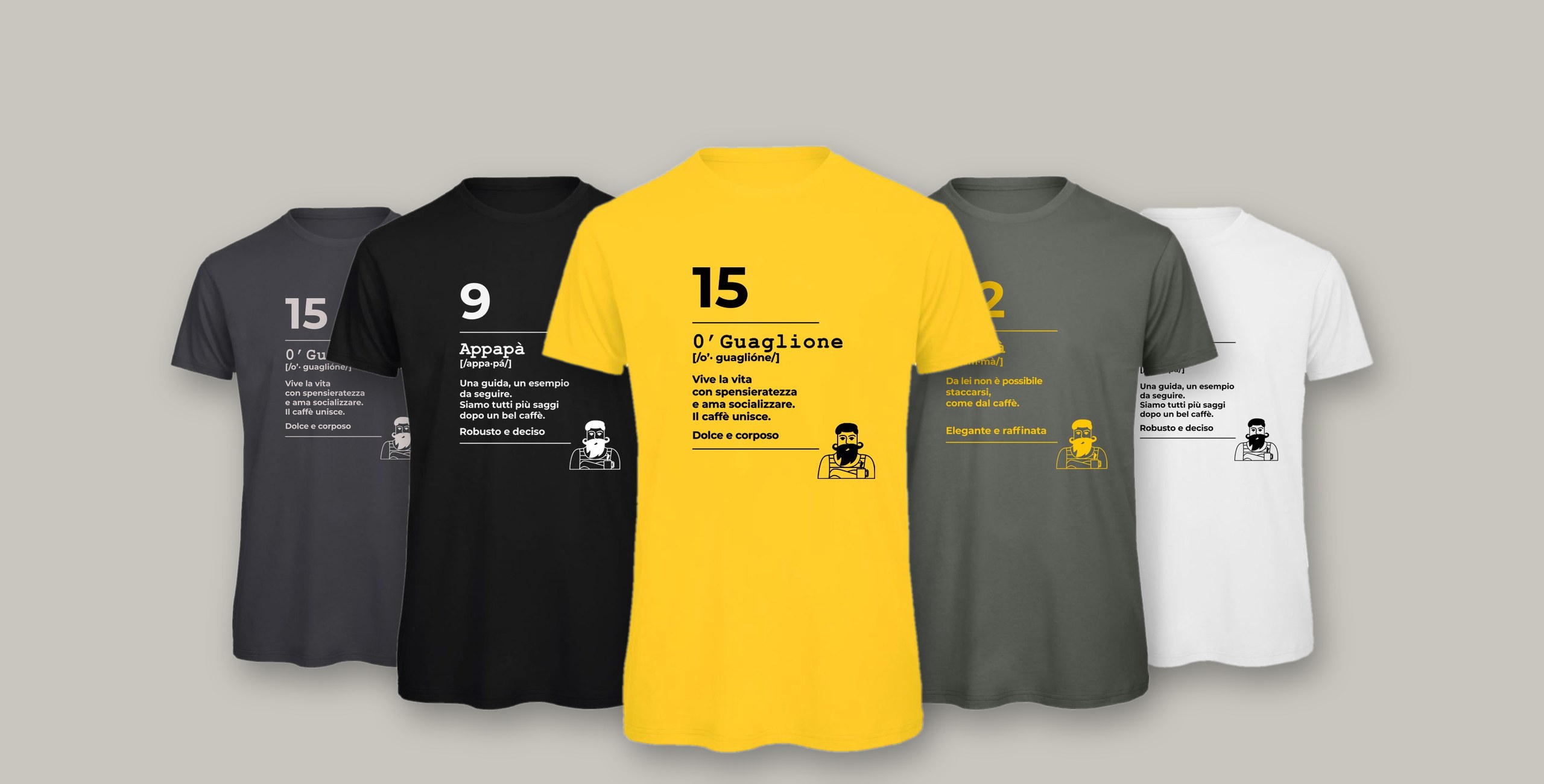Ciccirinella Café — T-shirt — Five T-shirts from the collection, one per colour: front, O'Guaglione on yellow.