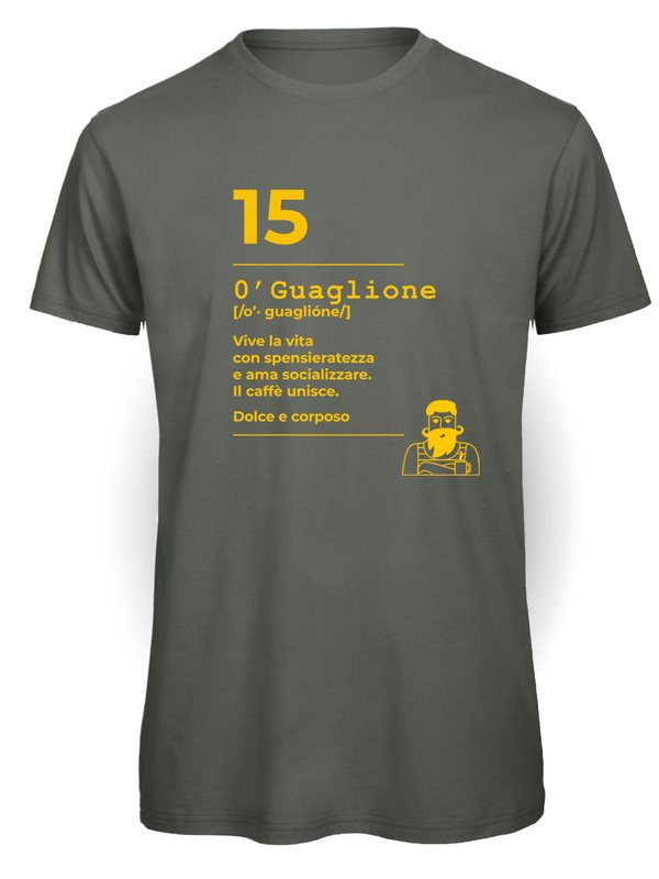 Ciccirinella Café — T-shirt — 15 O'Guaglione, verde militare, vinile giallo