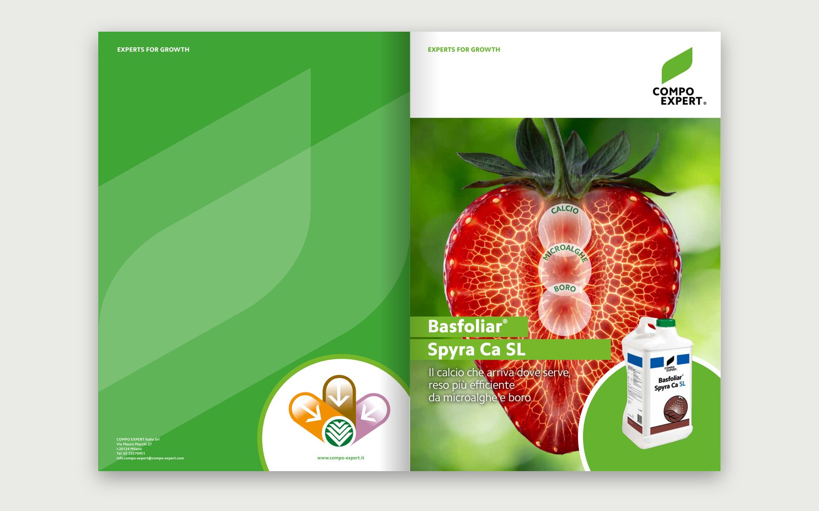 COMPO EXPERT — Basfoliar® Spyra Ca SL — The outside of the leaflet: the back with the product symbol and contact details, the cover with the strawberry in cross-section.