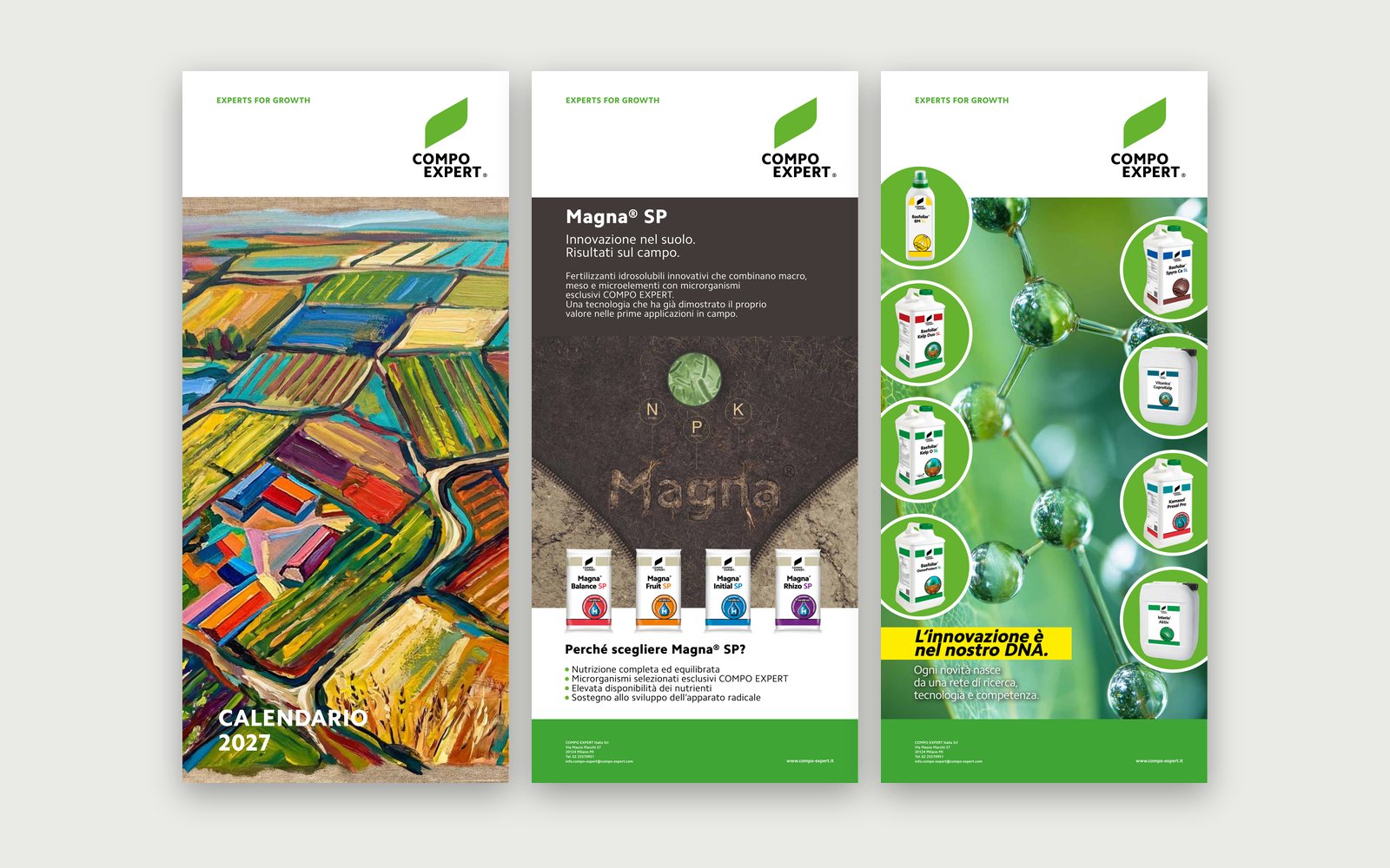 COMPO EXPERT — 2027 Calendar — The cover, the Magna® SP page and the back cover with the products.