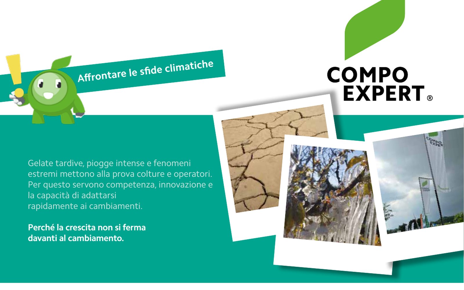 COMPO EXPERT — 2027 Calendar — June, Affrontare le sfide climatiche (Facing climate challenges): each month has its own colour.