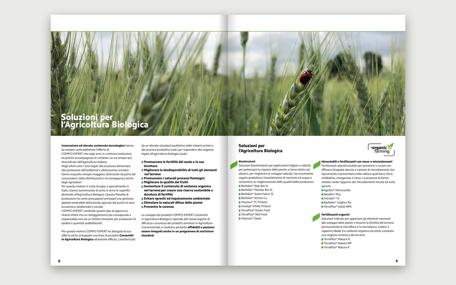 COMPO EXPERT — Catalogo agricoltura biologica — L'apertura: le soluzioni per l'agricoltura biologica e l'elenco dei prodotti per famiglia.