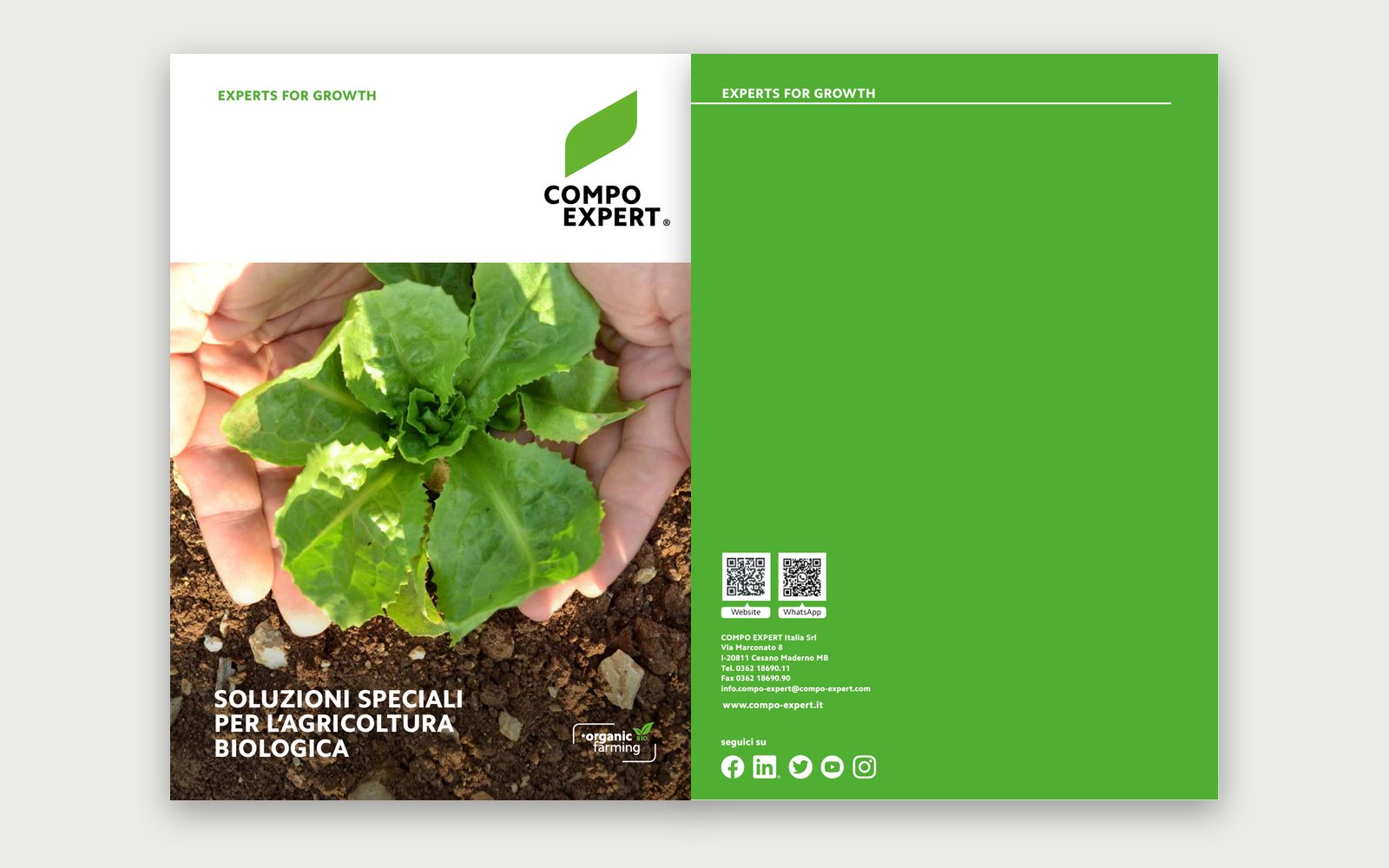 COMPO EXPERT — Catalogo agricoltura biologica — La copertina e il retro del catalogo.
