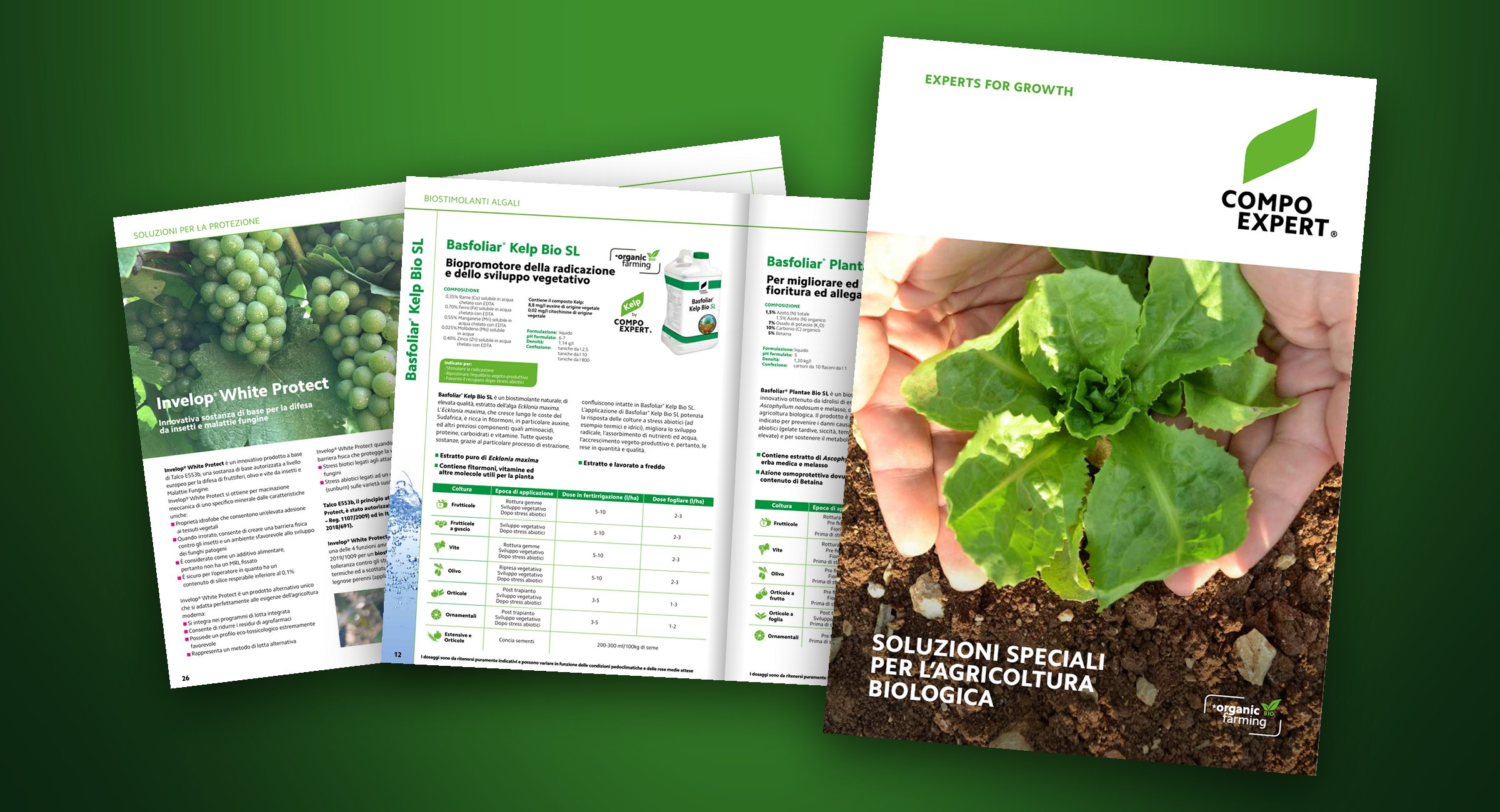 COMPO EXPERT — Organic farming catalogue — The COMPO EXPERT organic farming catalogue: the cover and, behind it, two product spreads.