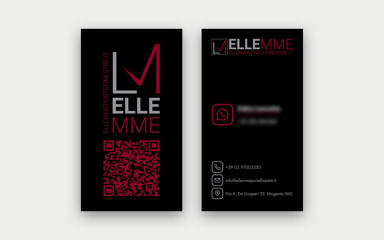 Ellemme — I biglietti da visita, fronte e retro. I dati personali sono sfocati.