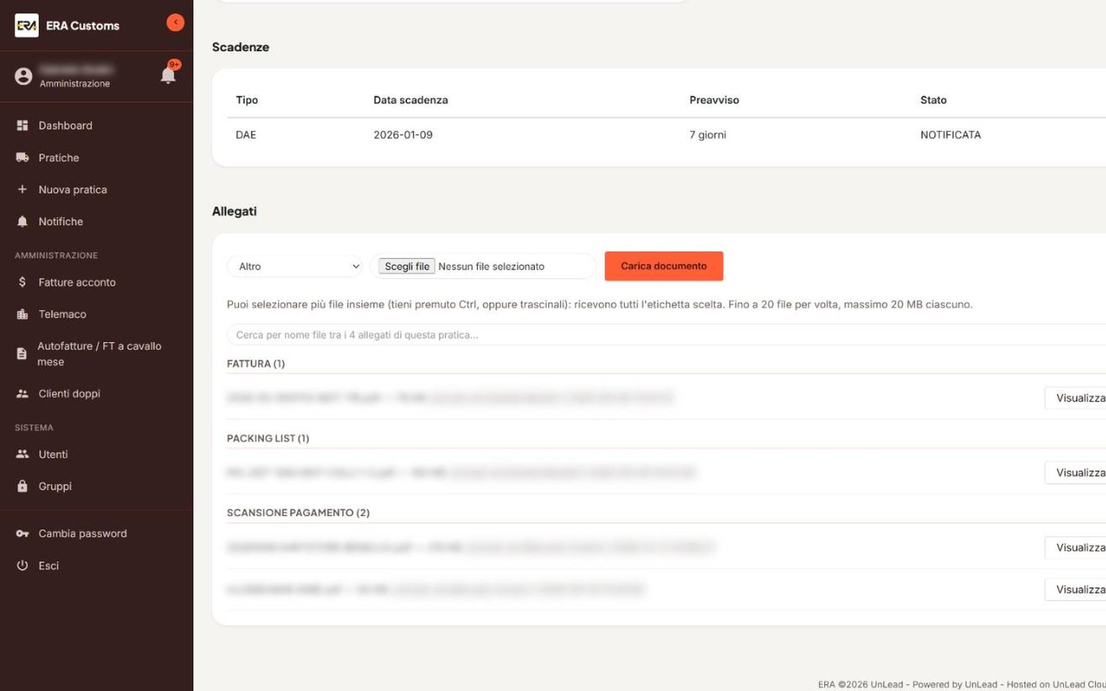 IAME — ERA Customs — Deadlines with advance notice and attachments categorised by type. File names blurred.