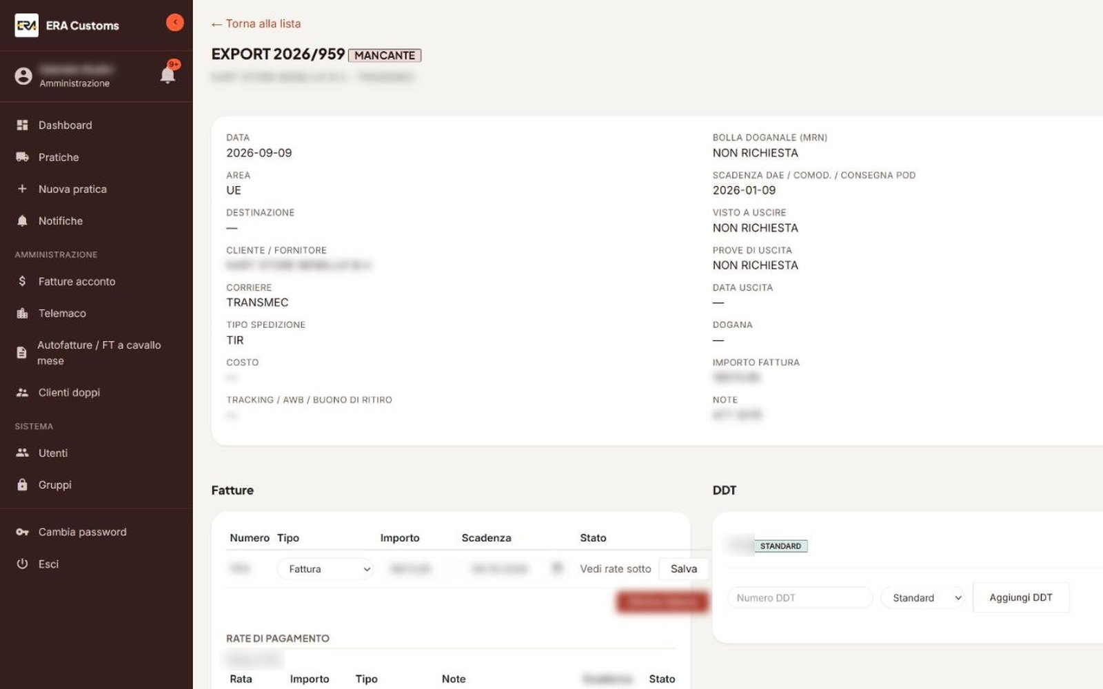 IAME — ERA Customs — An export file: customs data, invoices and delivery notes. Client data blurred.