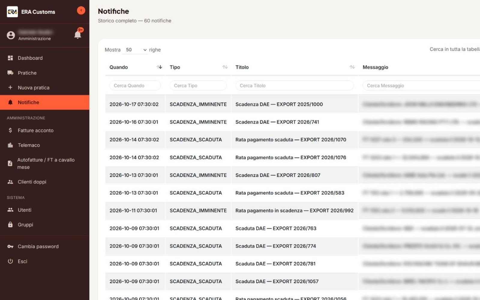 IAME — ERA Customs — Notifications on e-ADs and payment instalments. Messages blurred.