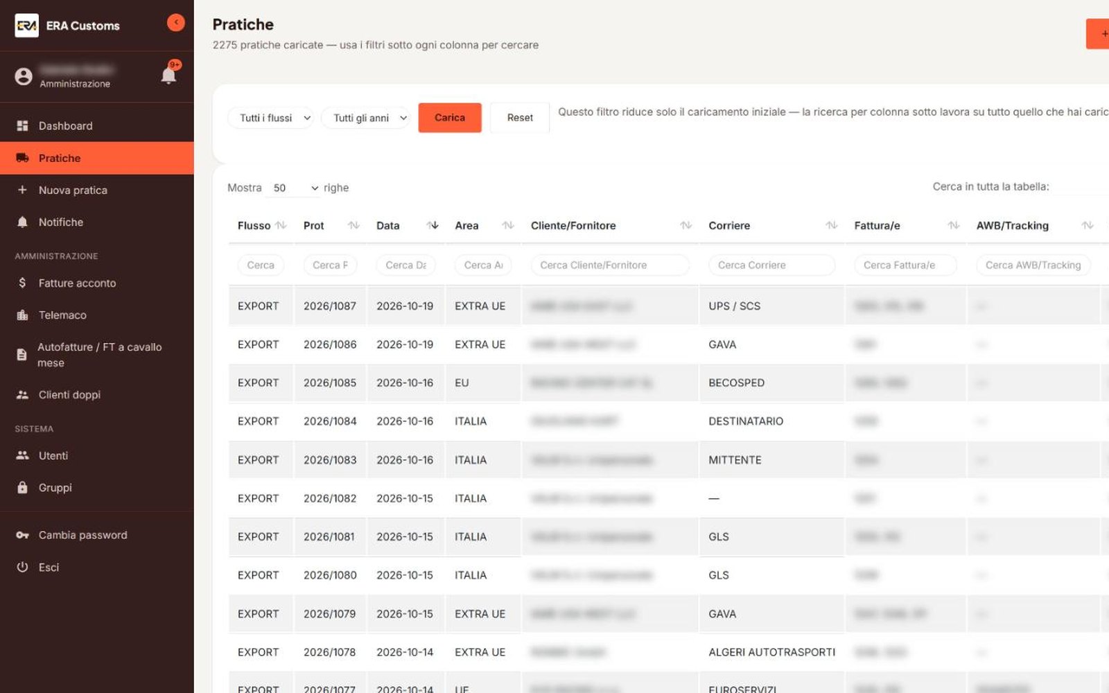 IAME — ERA Customs — The files, with search by column. Client names, invoices and delivery notes blurred.