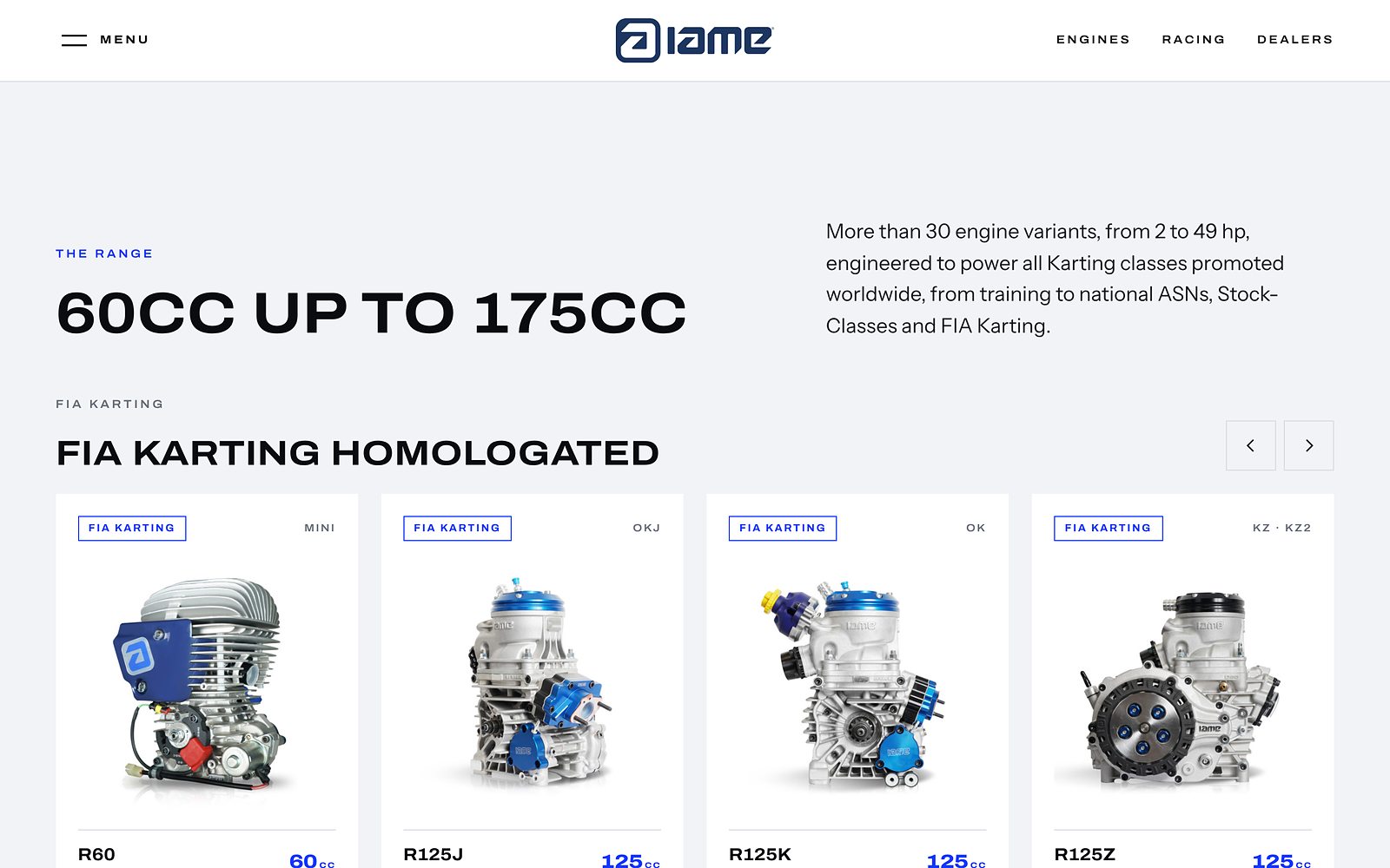 IAME Karting — The range on the home page, split between FIA Karting homologated and Sport: from 60 to 175 cc.