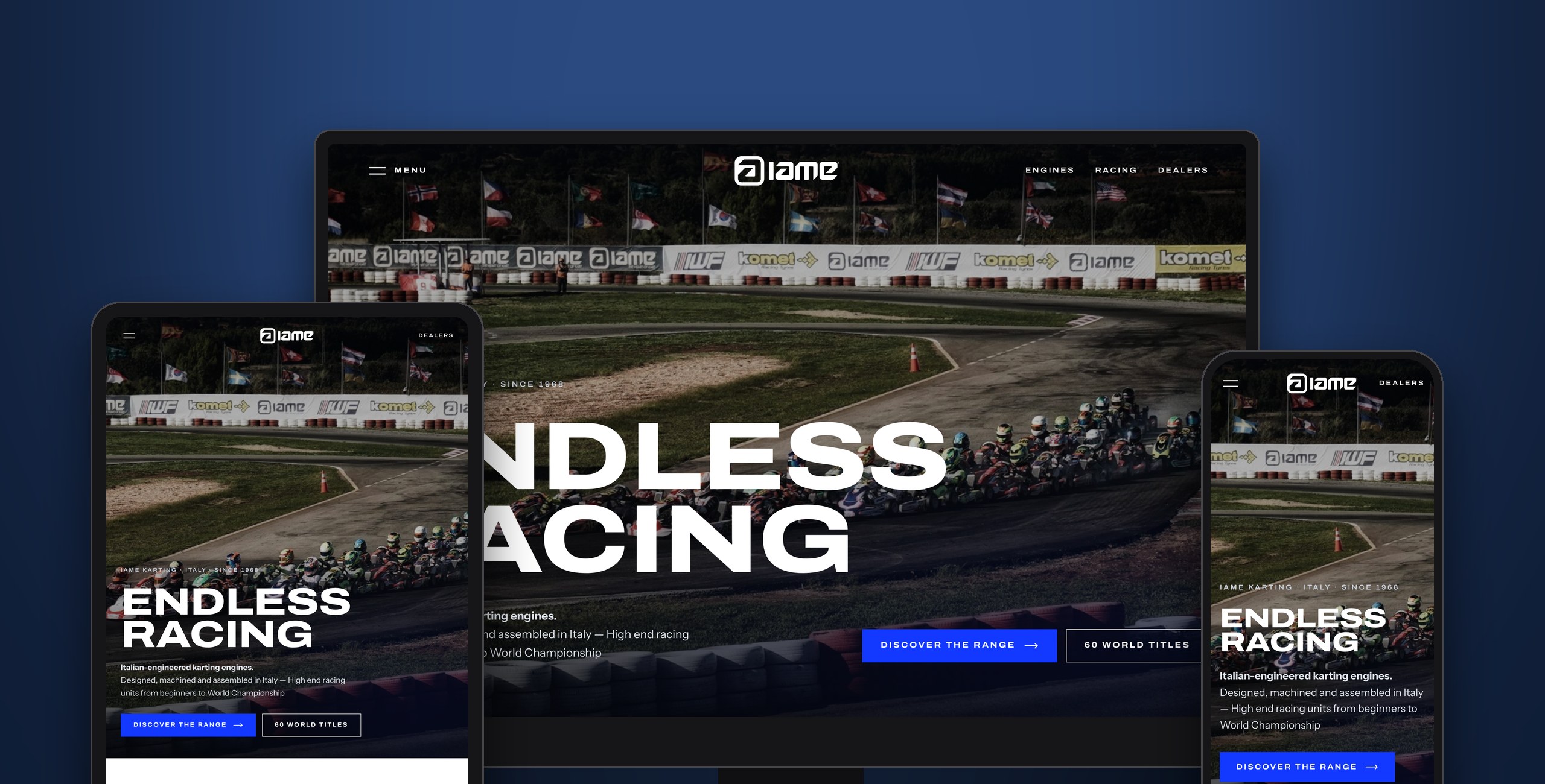 IAME Karting — The home page: "Endless Racing." on the starting grid.