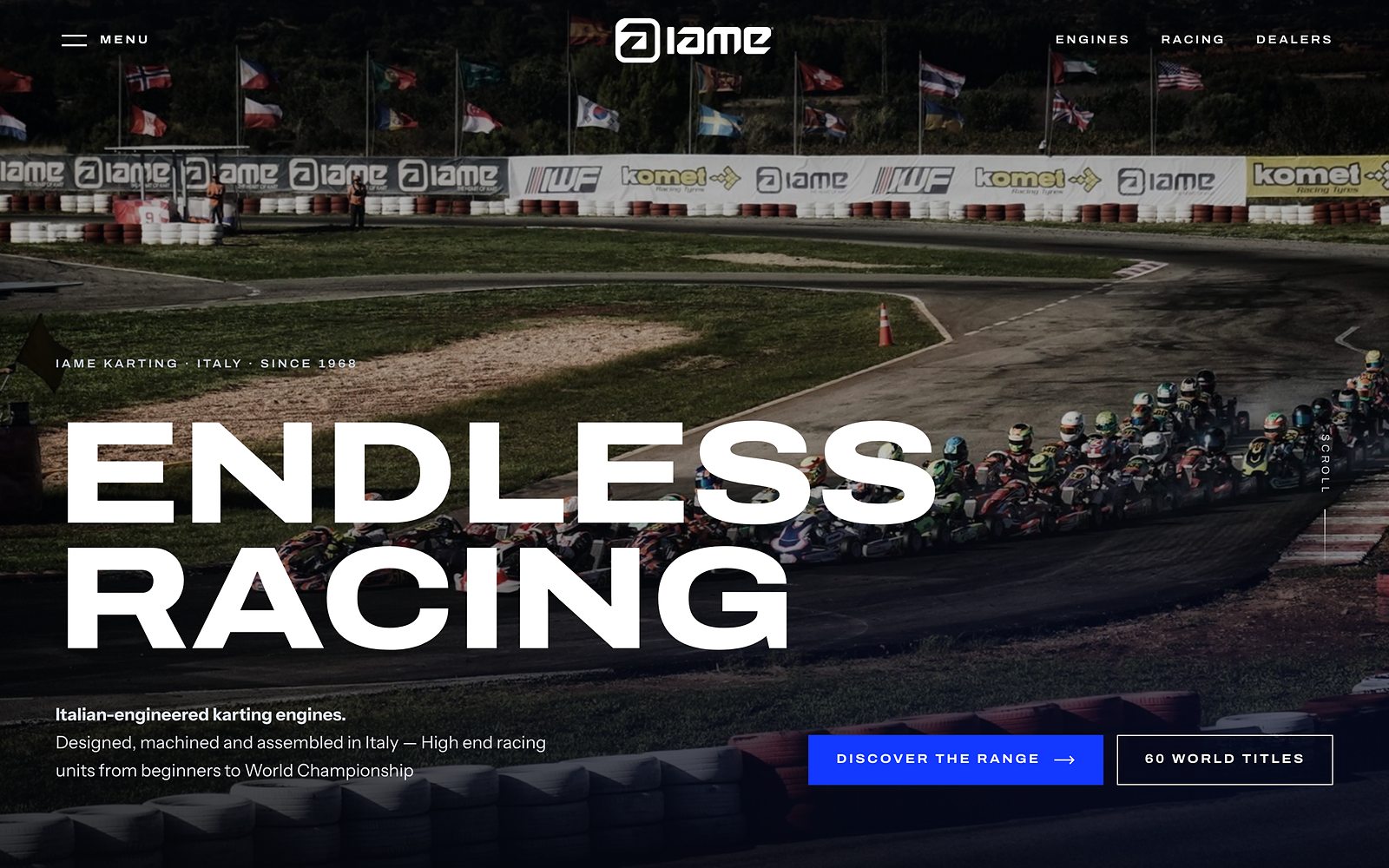 IAME Karting — The home page: "Endless Racing." on the starting grid.