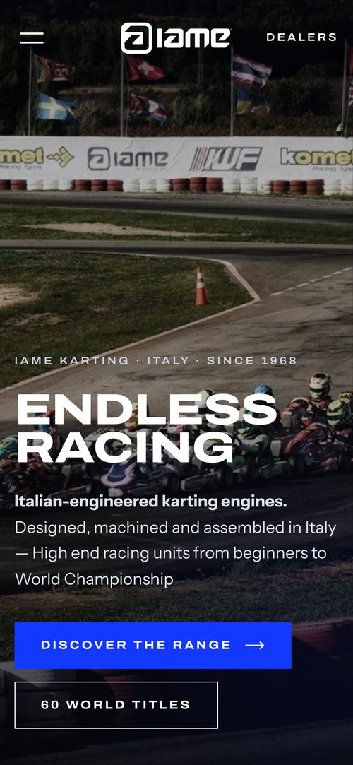 IAME Karting — The home page on a phone.
