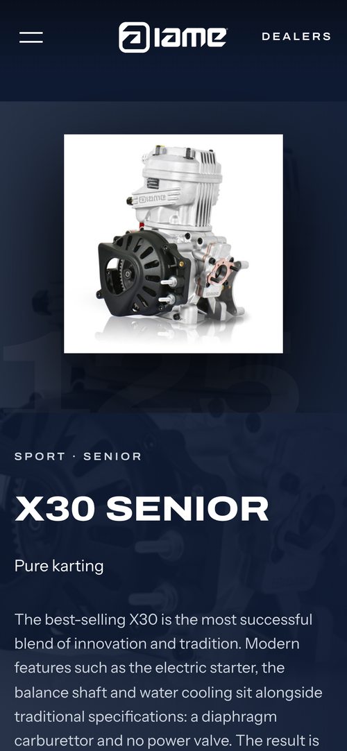 IAME Karting — The X30 Senior page on a phone.