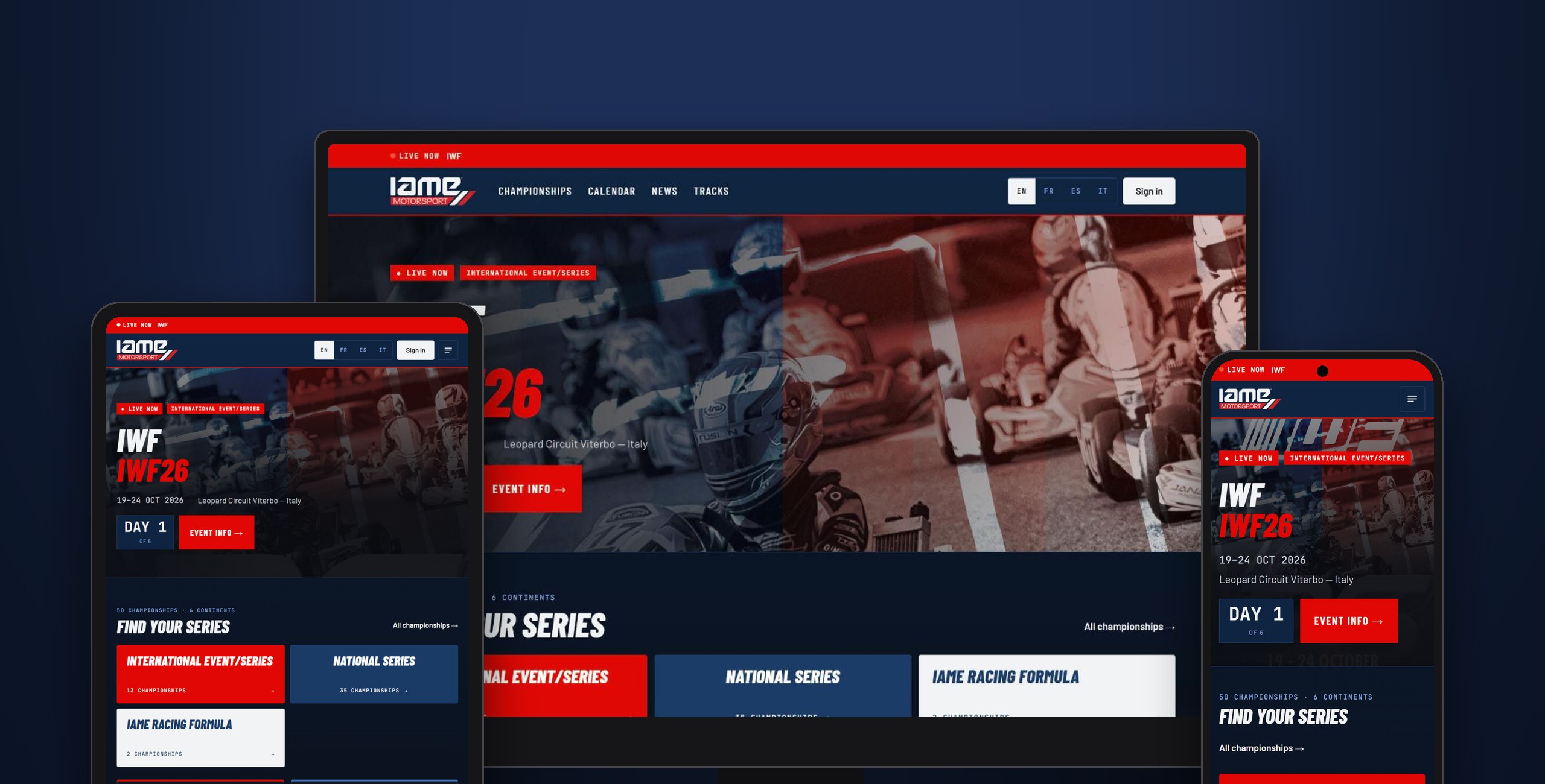 IAME Motorsport — The home page: the current event and the championships front and centre.