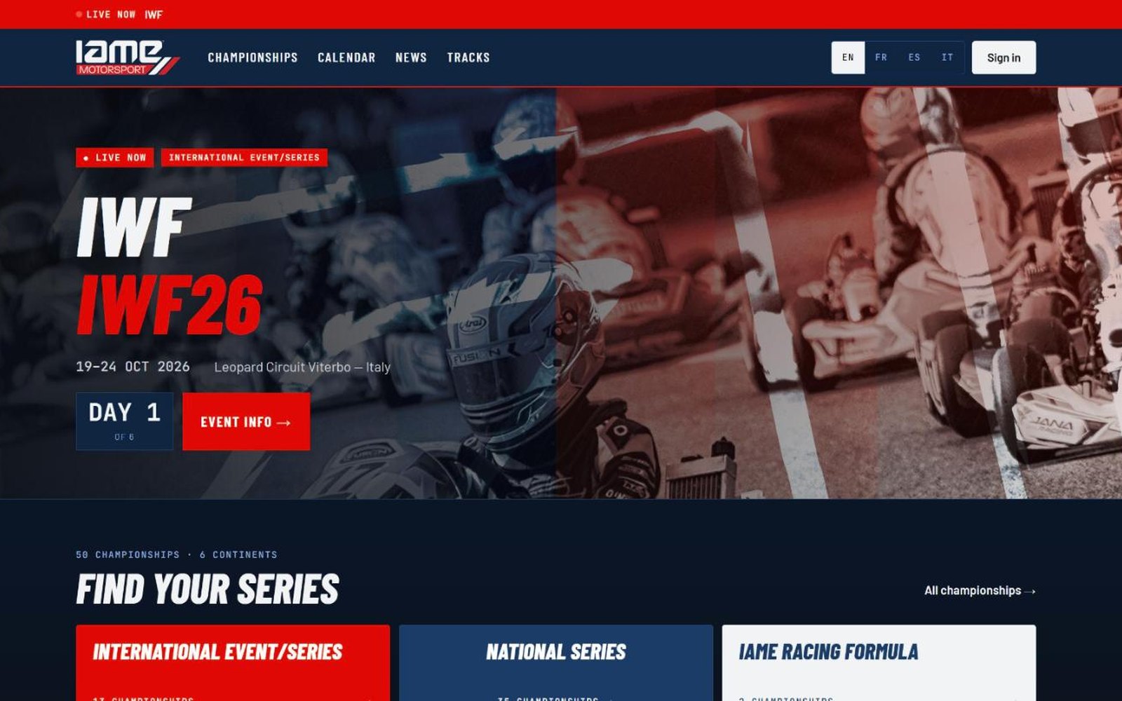 IAME Motorsport — The home page: the current event and the championships front and centre.