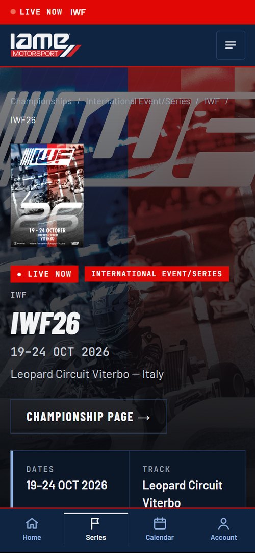 IAME Motorsport — The event page on a phone.