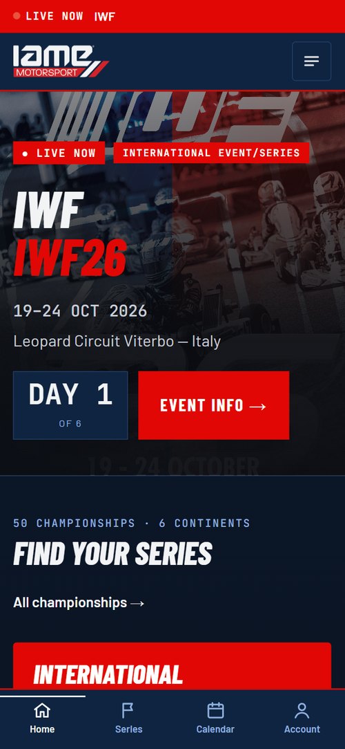 IAME Motorsport — The home page on a phone.