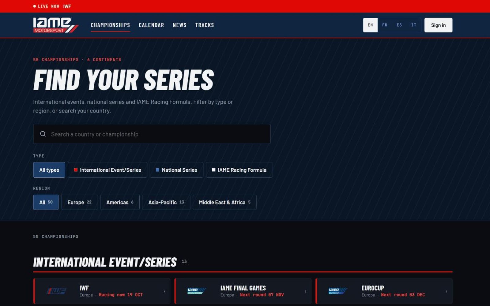 IAME Motorsport — The 50 championships: international events, national series and IAME Racing Formula, filterable by type and region.
