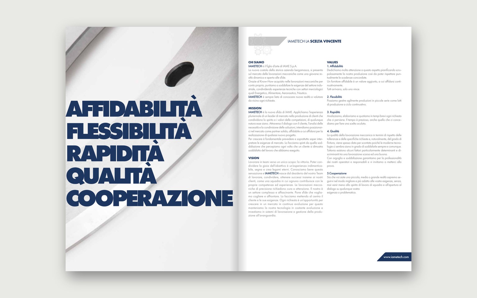 IAMETECH — Brochure — The five values and the About us page, mission and vision.