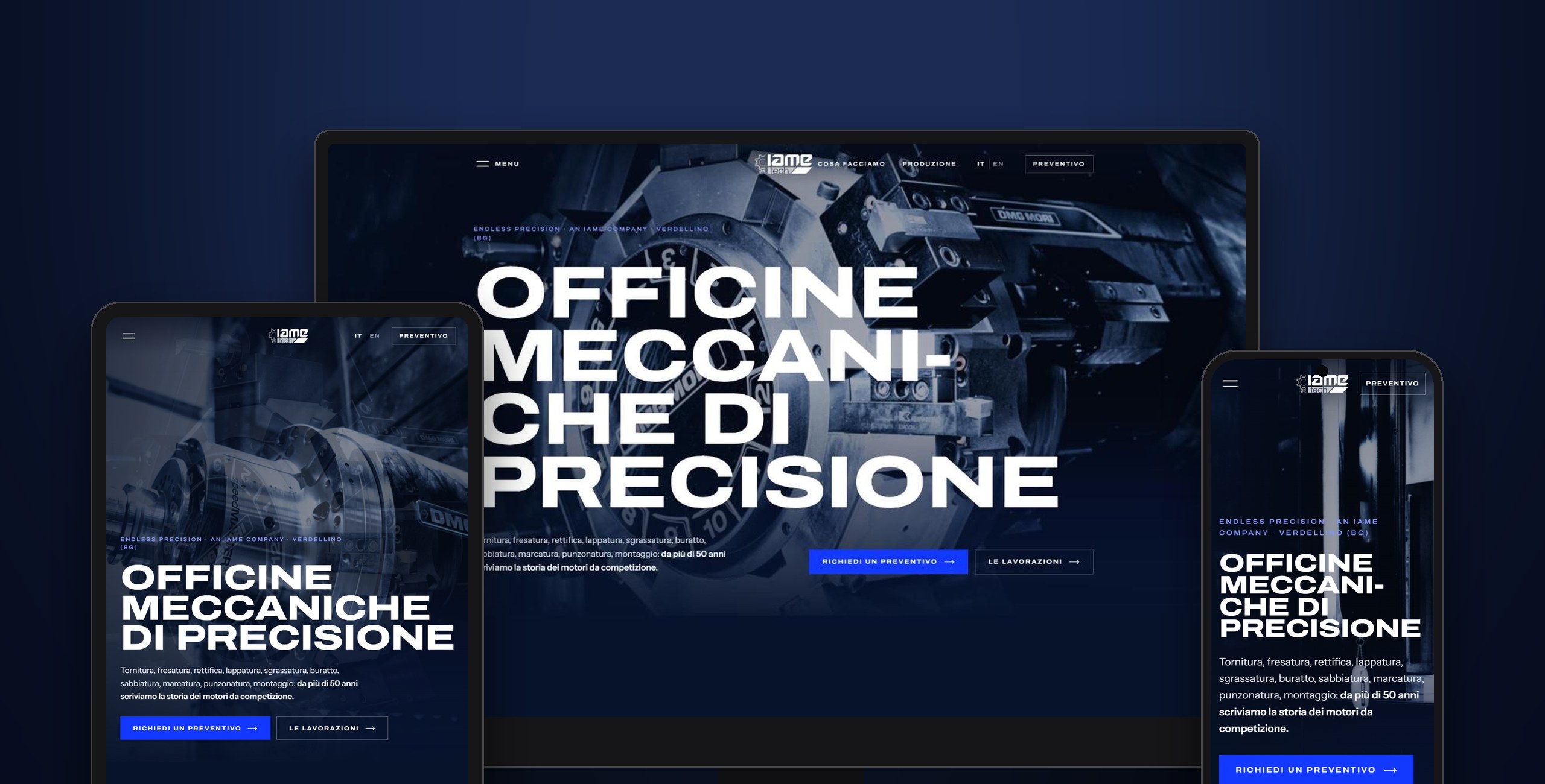 IAMETECH — The home page: "Officine meccaniche di precisione" (precision engineering workshops), with quotes and machining services front and centre.