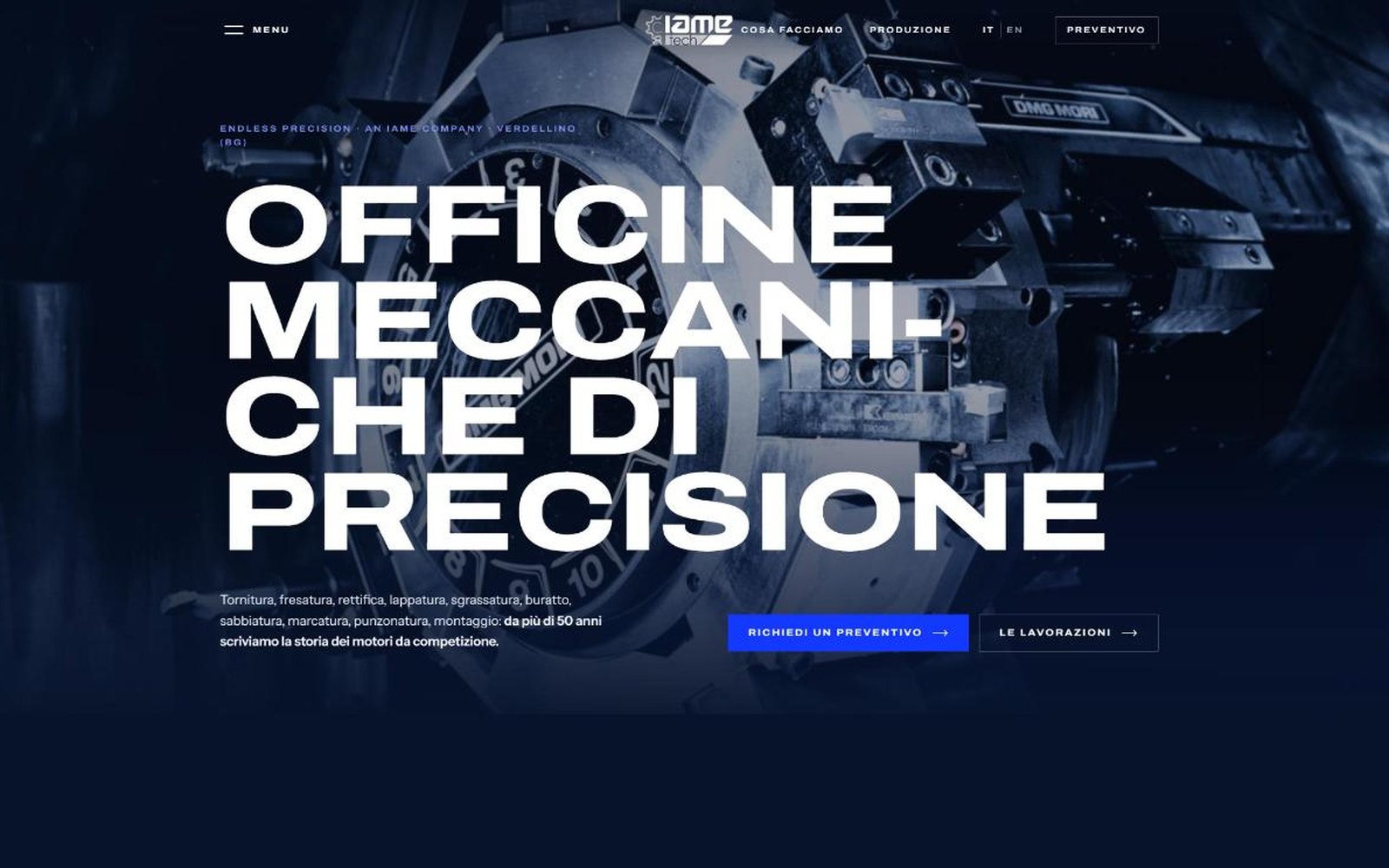IAMETECH — The home page: "Officine meccaniche di precisione" (precision engineering workshops), with quotes and machining services front and centre.
