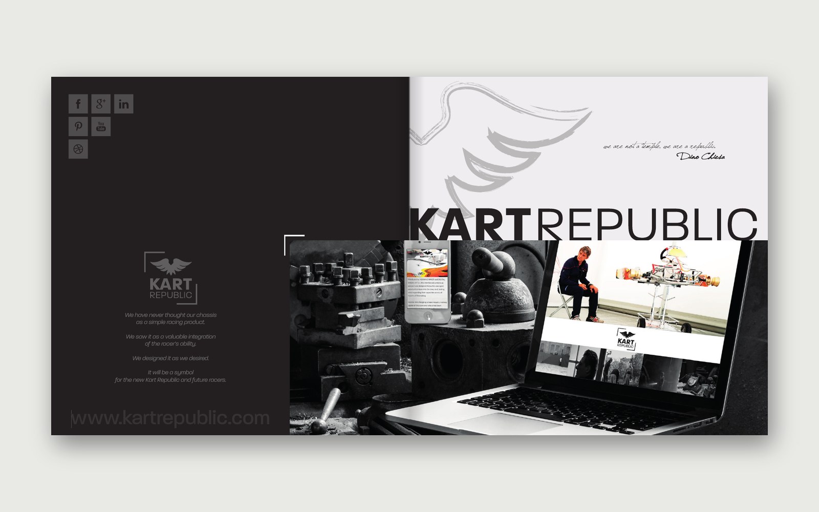 Kart Republic — Brochure — L'apertura: il manifesto e il nome sulla doppia pagina.