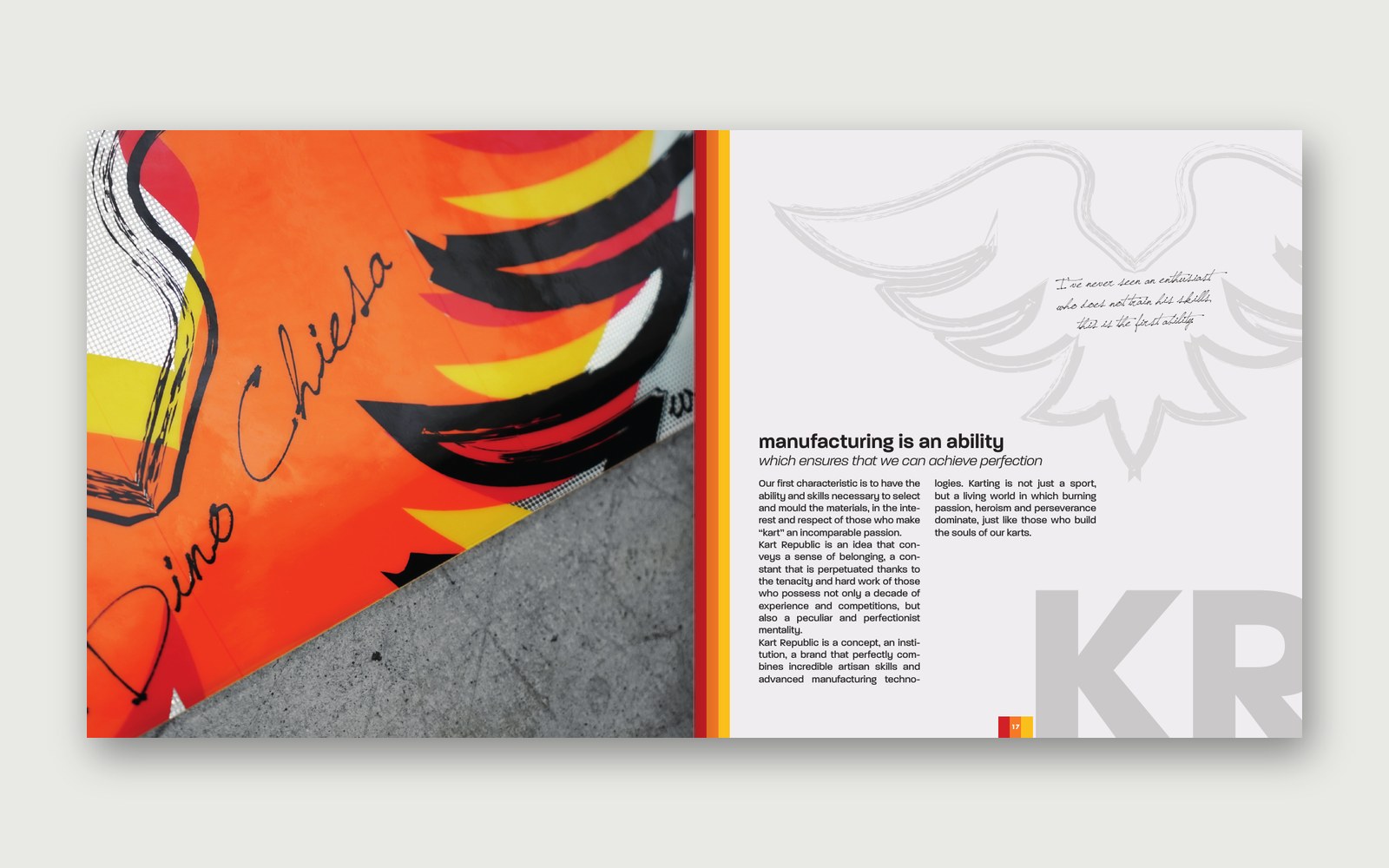 Kart Republic — Brochure — Manufacturing is an ability, con la firma sulla carenatura.