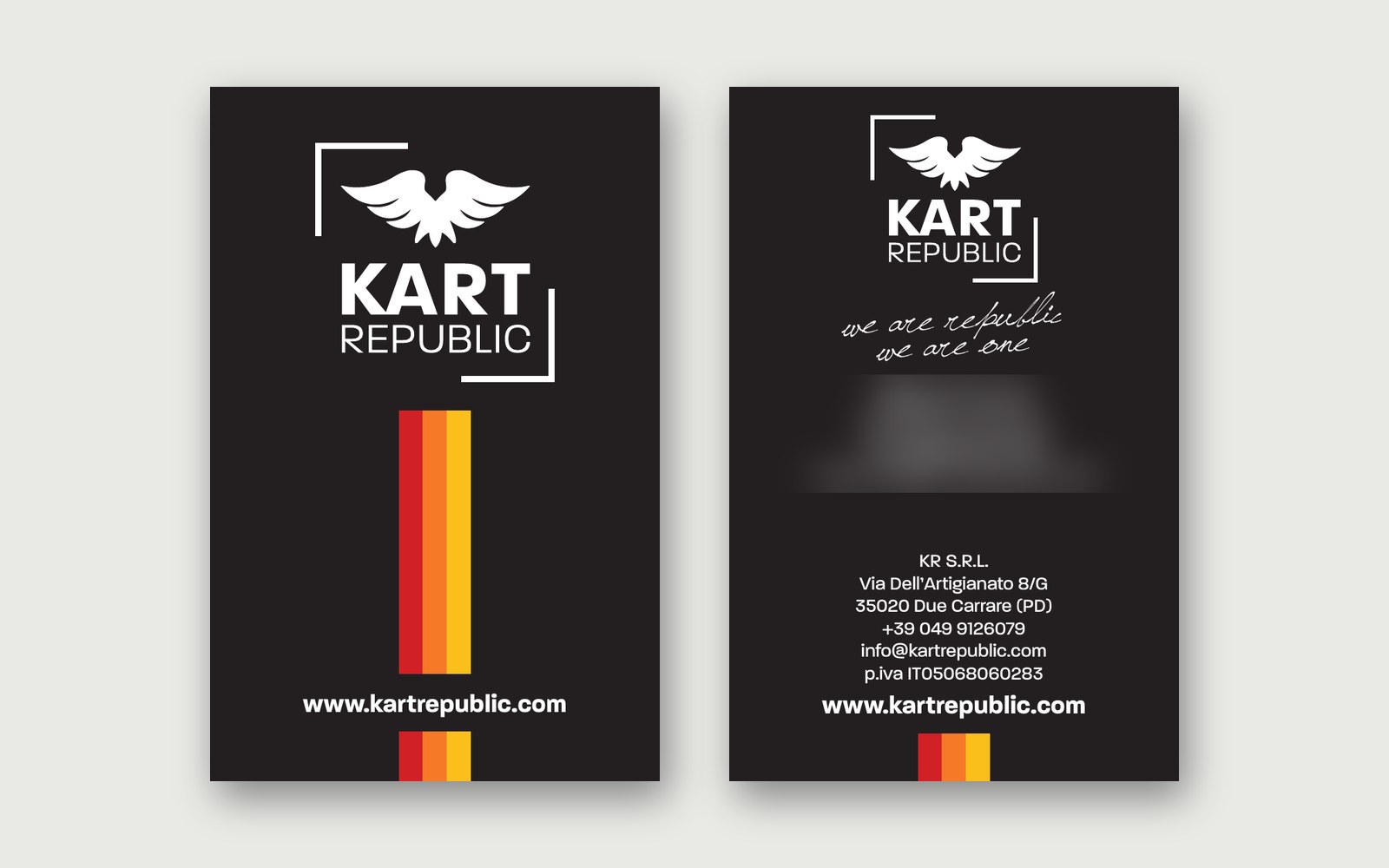 Kart Republic — The business cards, front and back. Names and personal contact details are blurred.