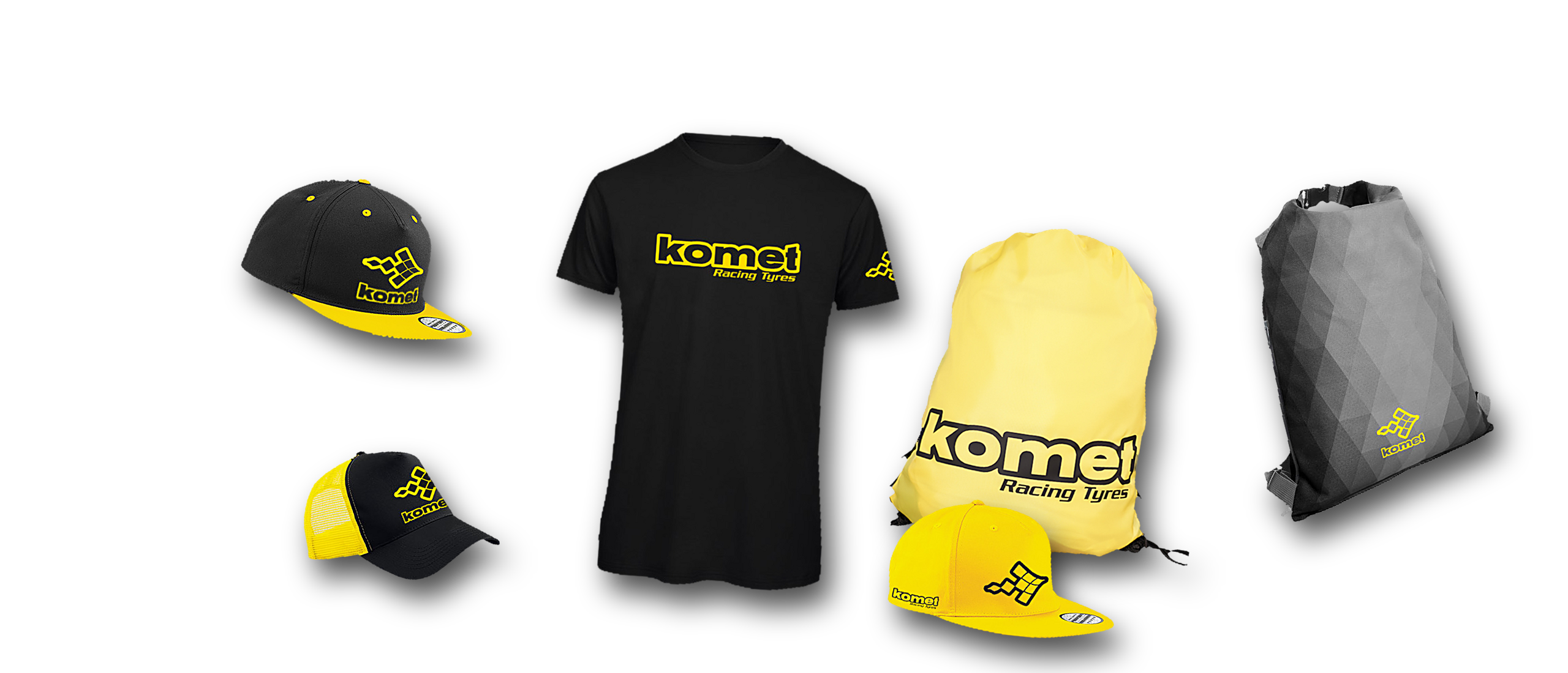 Komet Racing Tyres — Merchandising — Il merchandising Komet su cemento scuro: due snapback, trucker, t-shirt, sacca e zaino.
