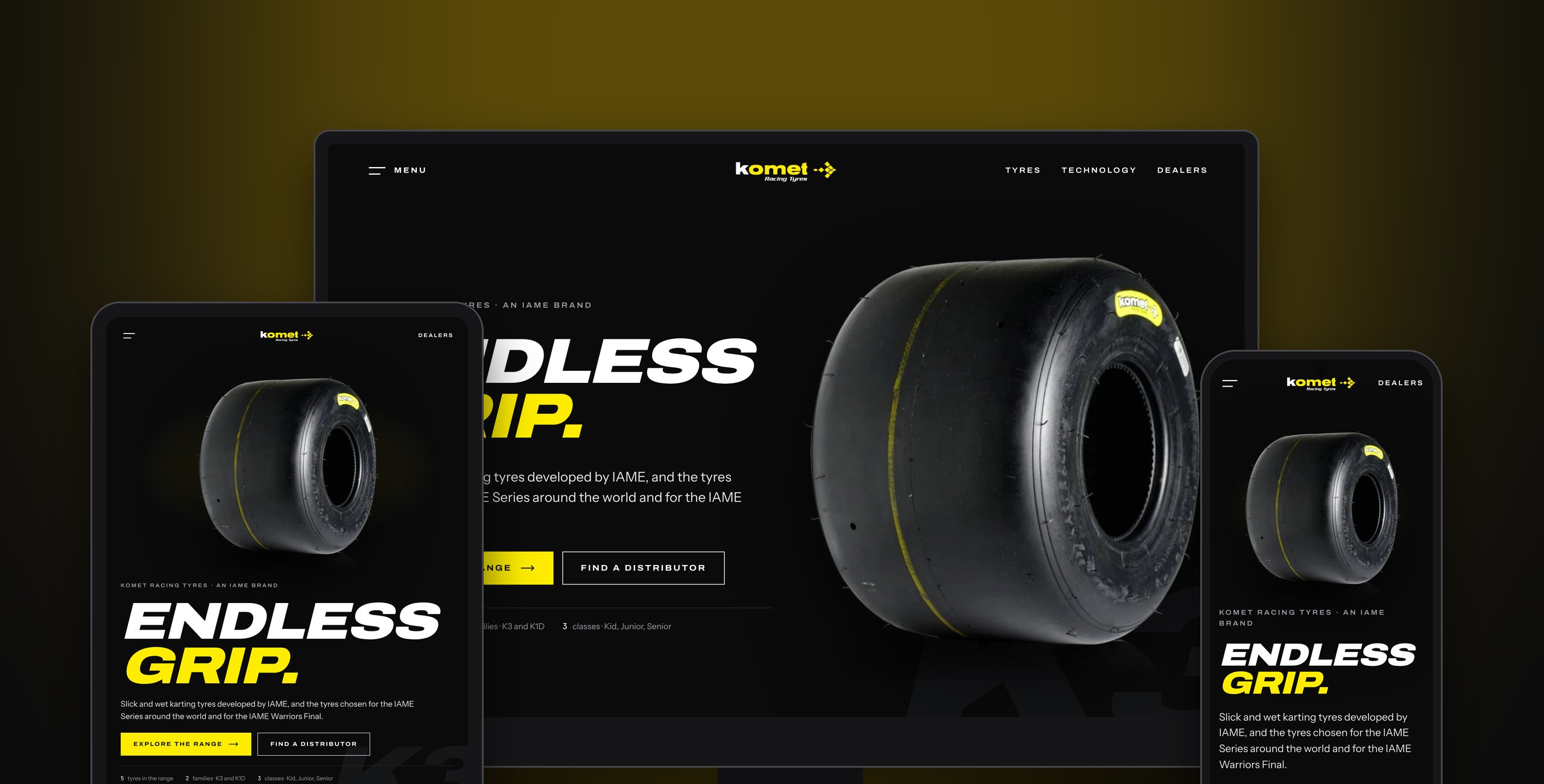 Komet Racing Tyres — La home: "Endless Grip." e la K3 in primo piano.