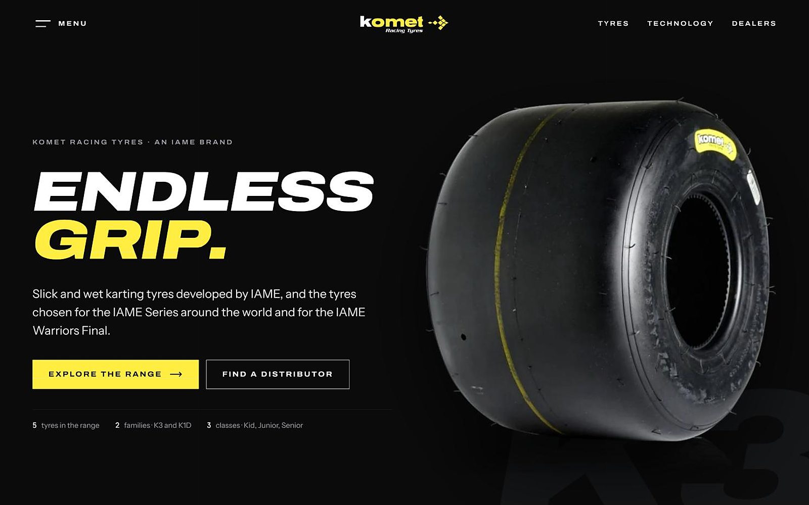 Komet Racing Tyres — The home page: "Endless Grip." with the K3 front and centre.