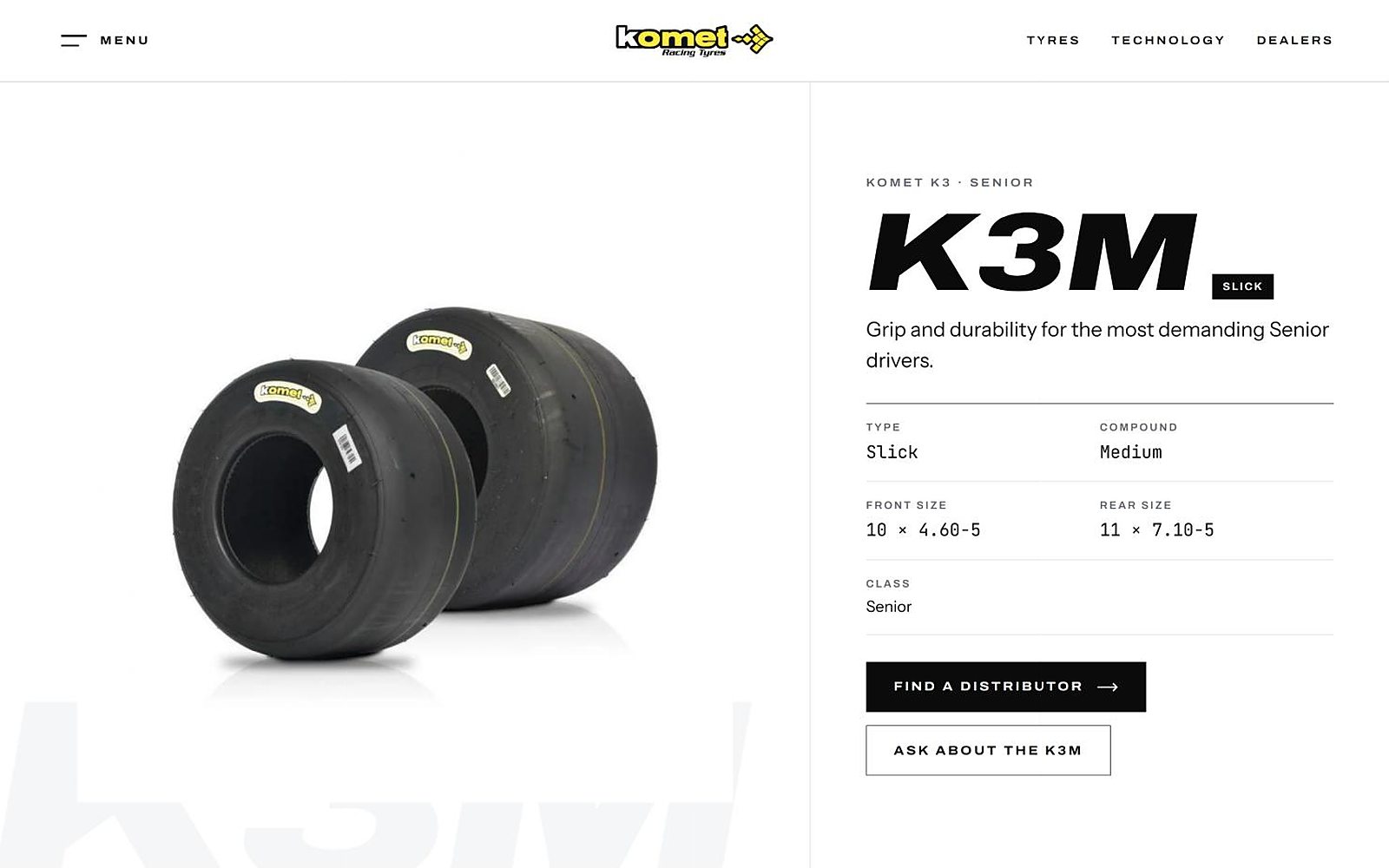 Komet Racing Tyres — La scheda della K3M, slick Senior: tipo, mescola, misure e distributore.