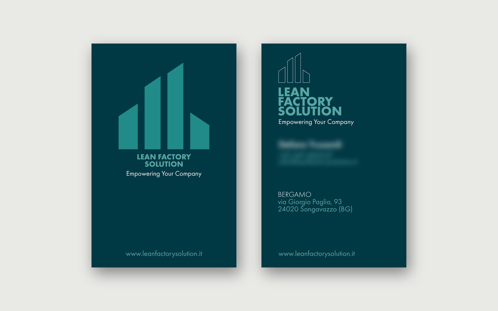 Lean Factory Solutions — The business cards, front and back. Name and personal contact details are blurred.