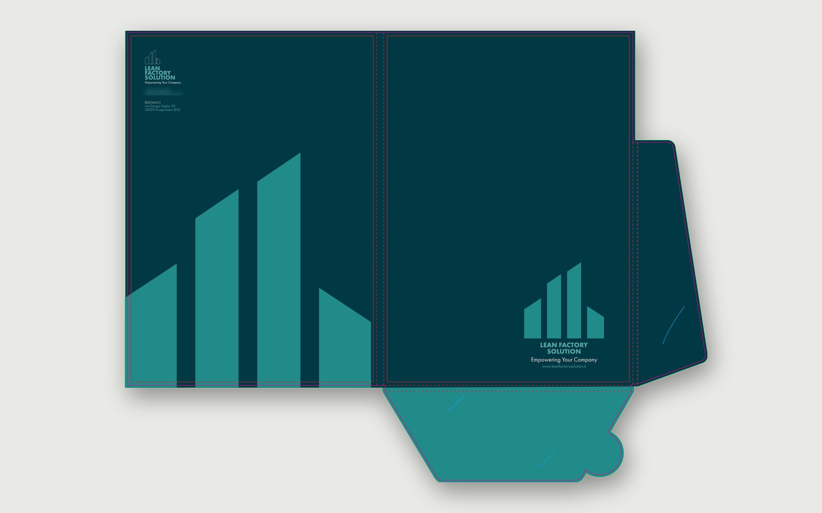 Lean Factory Solutions — The folder, opened out flat, with the pocket and the mark on the front. Contact details blurred.