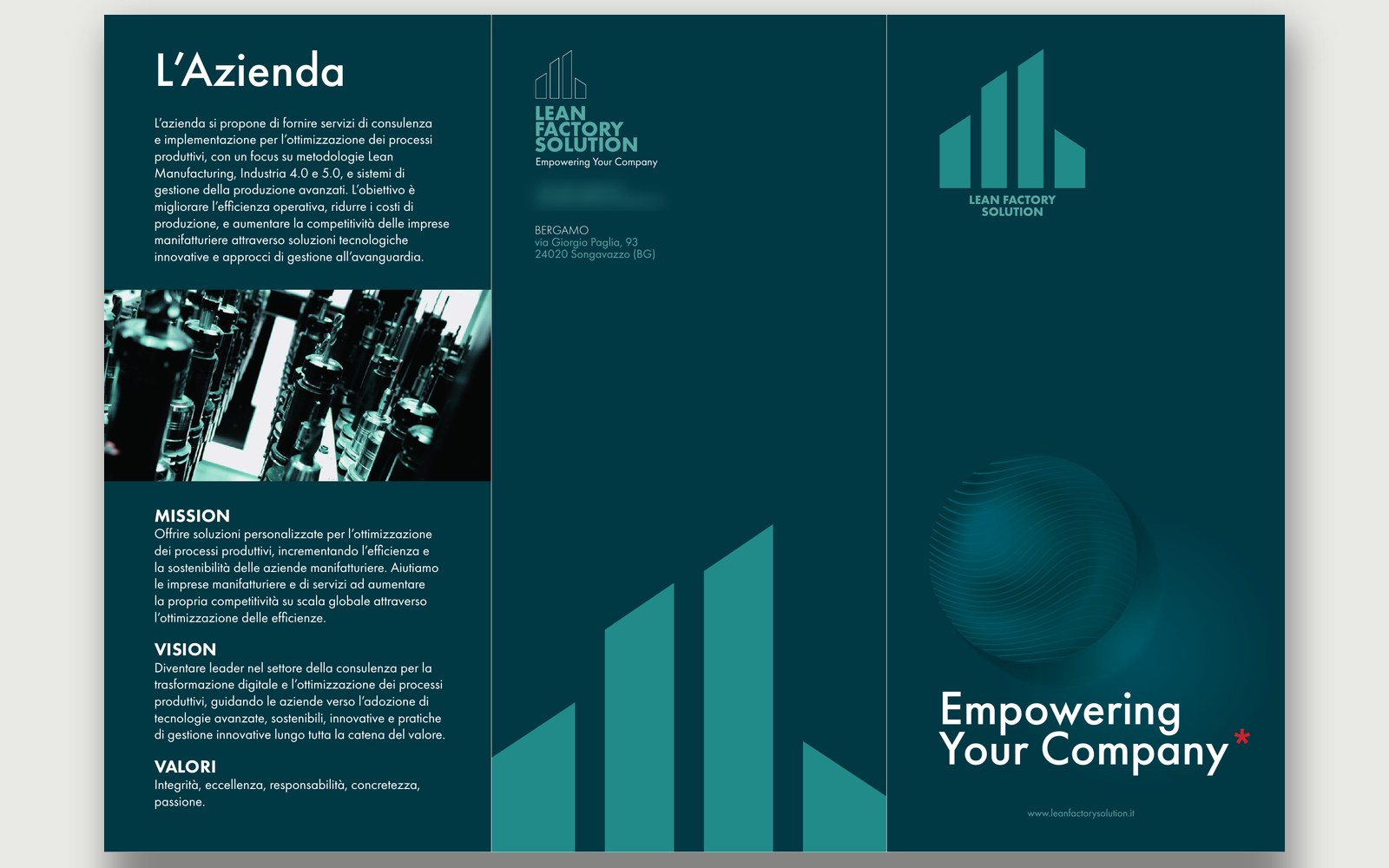Lean Factory Solutions — The outside of the leaflet: The Company, mission, vision and values, the Empowering Your Company cover. Contact details blurred.