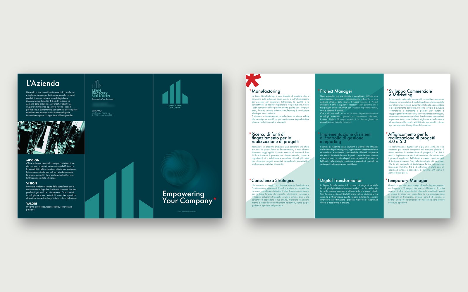 Lean Factory Solutions — The tri-fold leaflet, outside and inside: the company, the mission and the nine services.