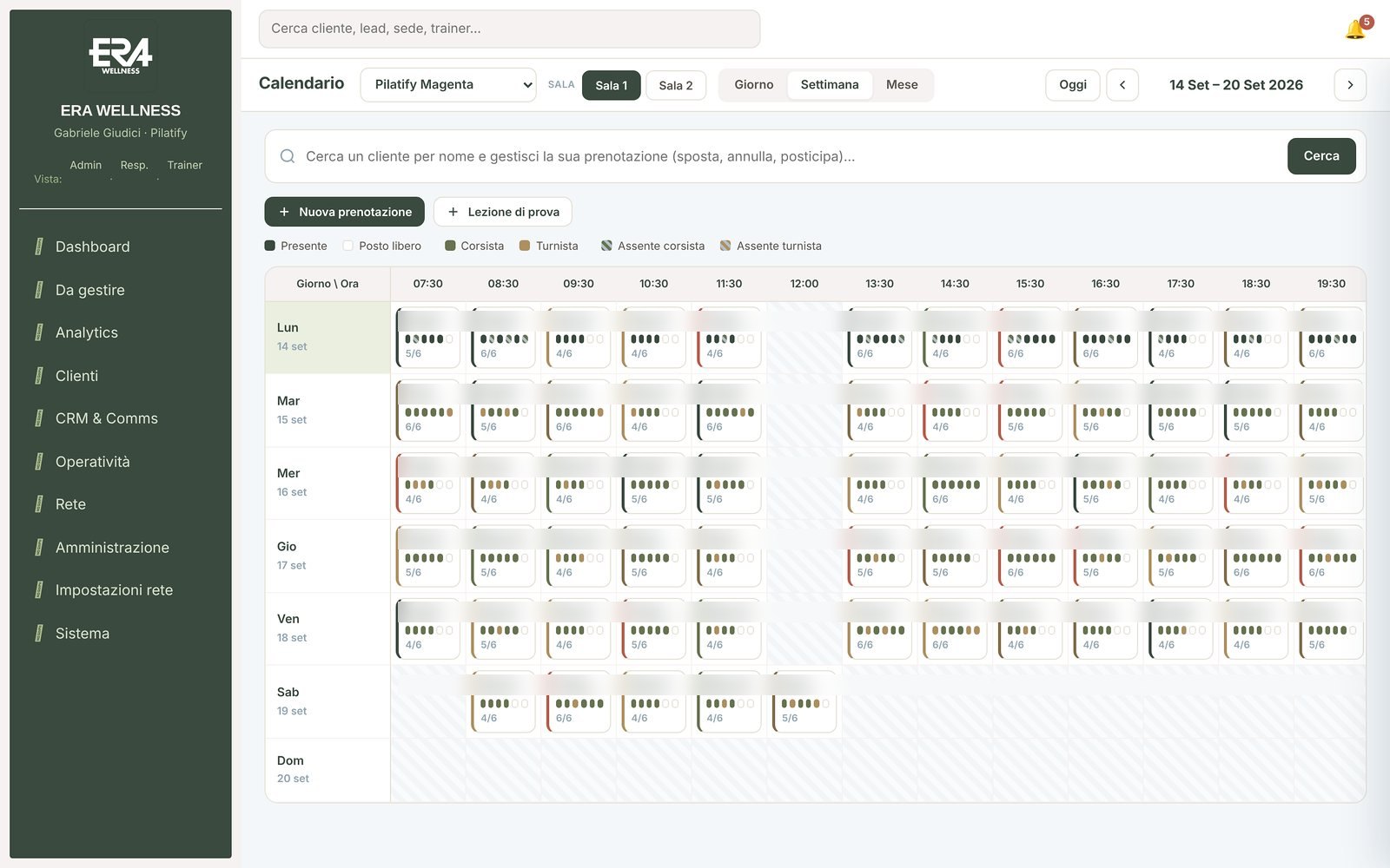 Pilatify — The calendar works by room: fixed slots, single classes and QR check-in.