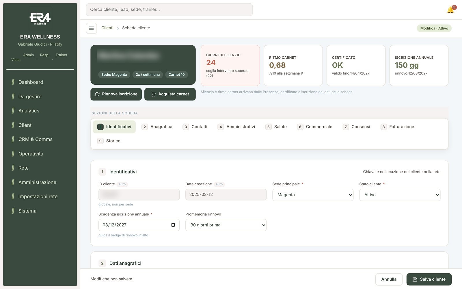 Pilatify — The client record: valid at every location, with absences, class pack and certificate highlighted.