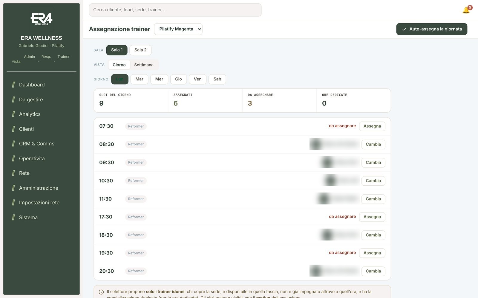 Pilatify — For each slot, only eligible trainers: available, authorised for the location, with no conflicts.